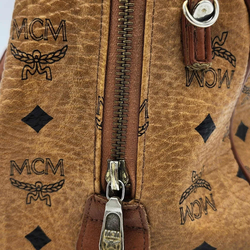 MCM Cognac Brown Monogram Satchel with Gold Hardware